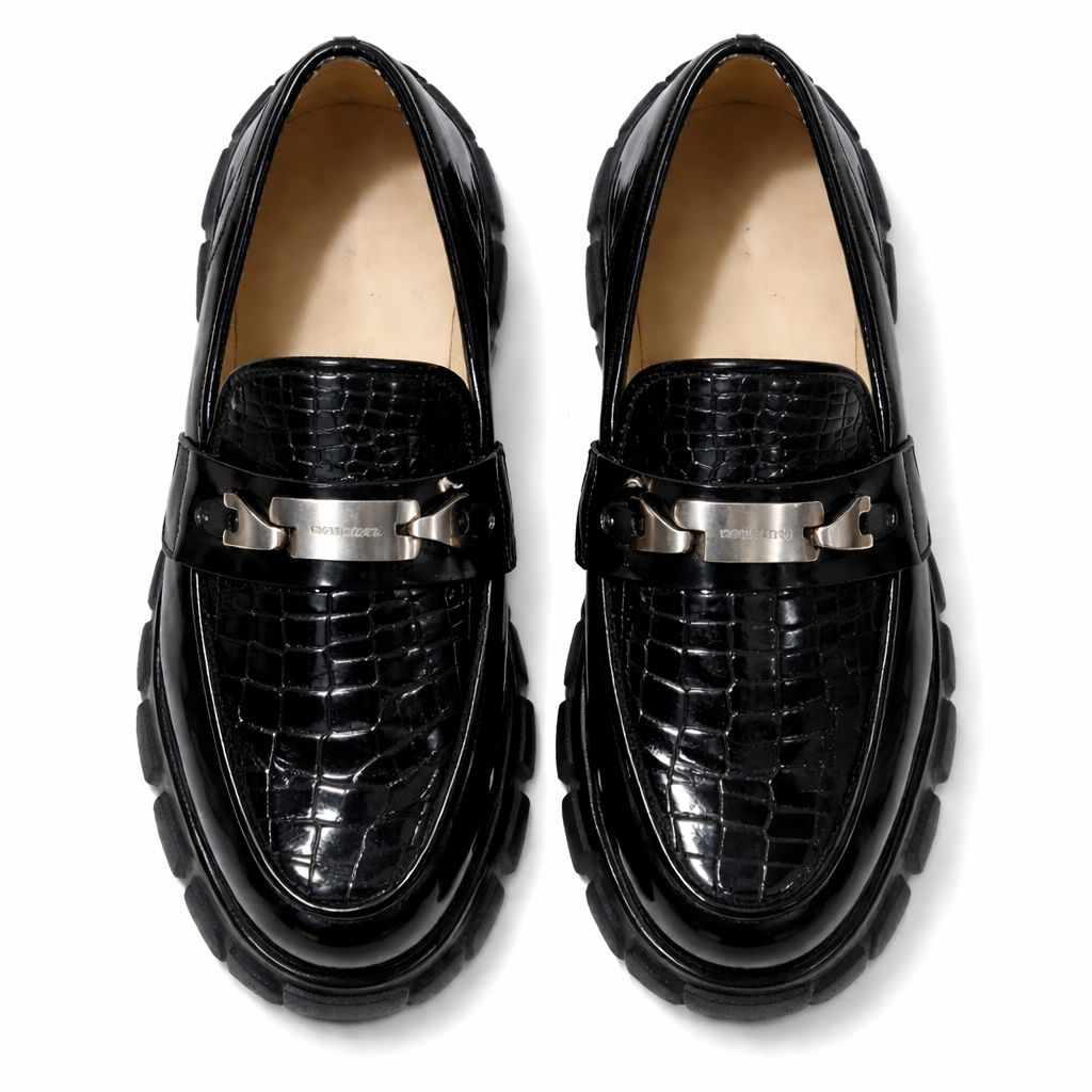 Mens Black Croc Texture Patent Leather Loafers with Metal Bit Detail